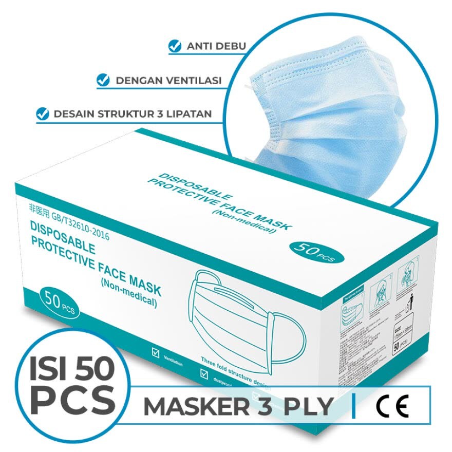 Masker Kesehatan Earloop 3ply 1 box Isi 50pcs Masker