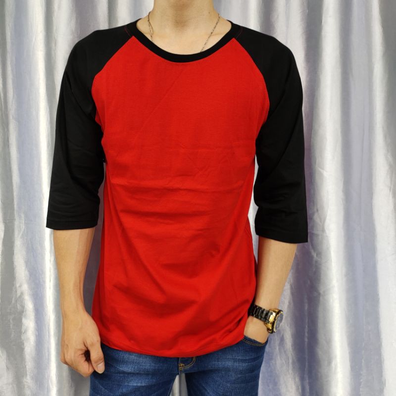 kaos reglan polos MERAH-HITAM lengan 3/4 uk 18 20 22 s m l xl xxl