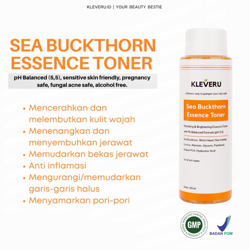 KLEVERU Sea Buckthorn Essence Toner 100ml BPOM - Toner Kleveru Original - Hydrating Essence Toner - 