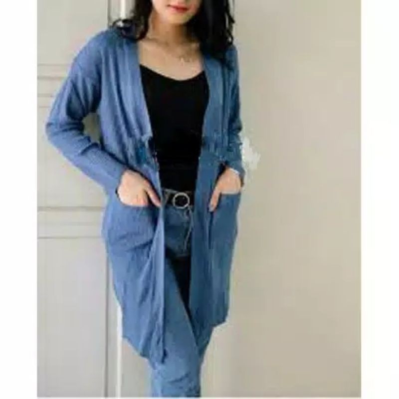 Cardigan panjang rajut dua saku all size-Denim