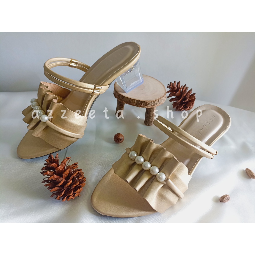 Sandal Hak Kaca / Sandal Pesta wanita / Hak kaca Mutiara Deret FS01-1