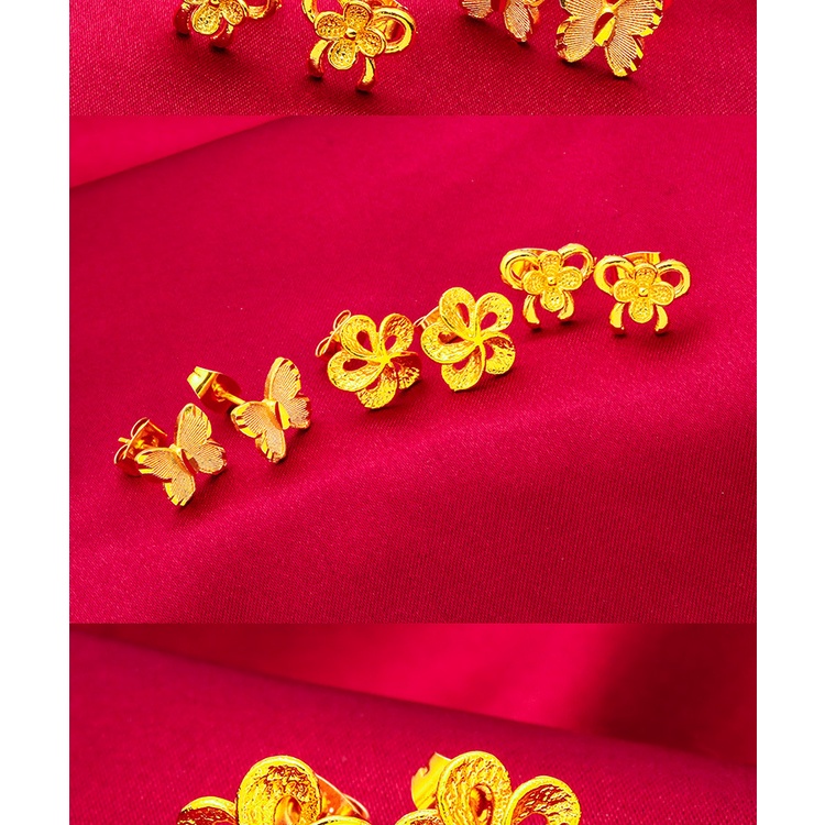 Anting Stud Emas Asli Kadar 375 Desain Bunga Kupu-Kupu Kecil Gaya Korea Untuk Wanita