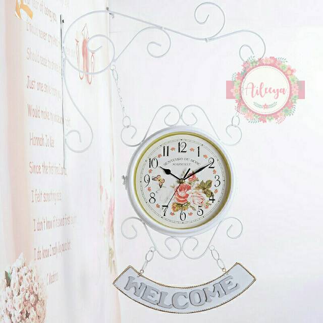 Jam gantung shabby vintage 2 sisi model Welcome lengkung putih