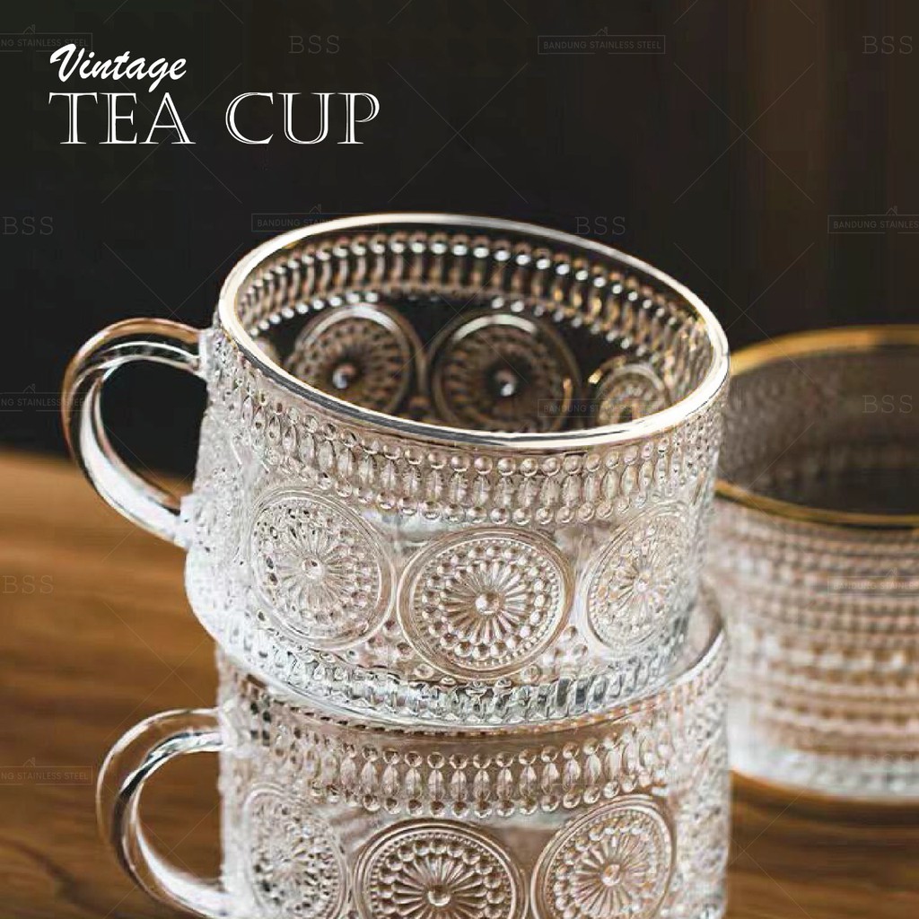 Gelas Cangkir Teh Kaca 400ml Tea Cup Motif Matahari Polkadot Timbul Vintage