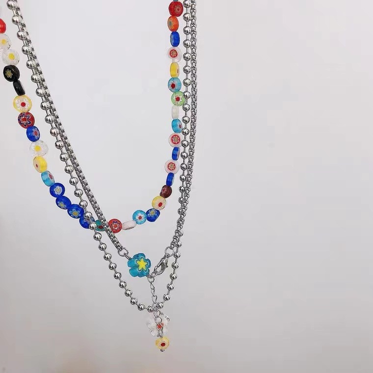 3PCS/Set Colorful Glass Beaded Flower Stacking Necklace Hip Hop Clavicle Chain