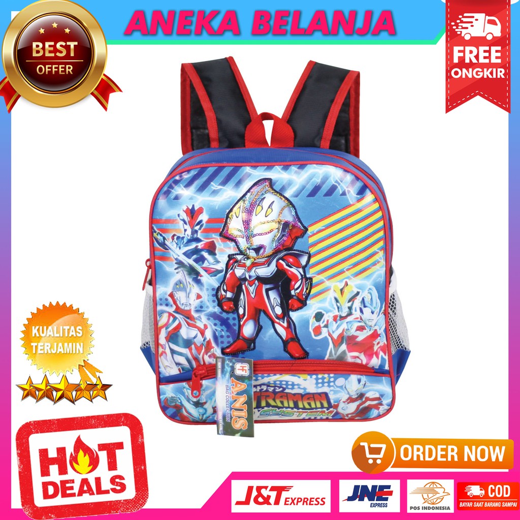 Tas Anak Cowok LED Karakter Spiderman Avengers Biru Merah Ransel Lampu Anak TK PAUD Gambar Transformer Cars Among Us Backpack Sekolah Murah Motif Ultraman