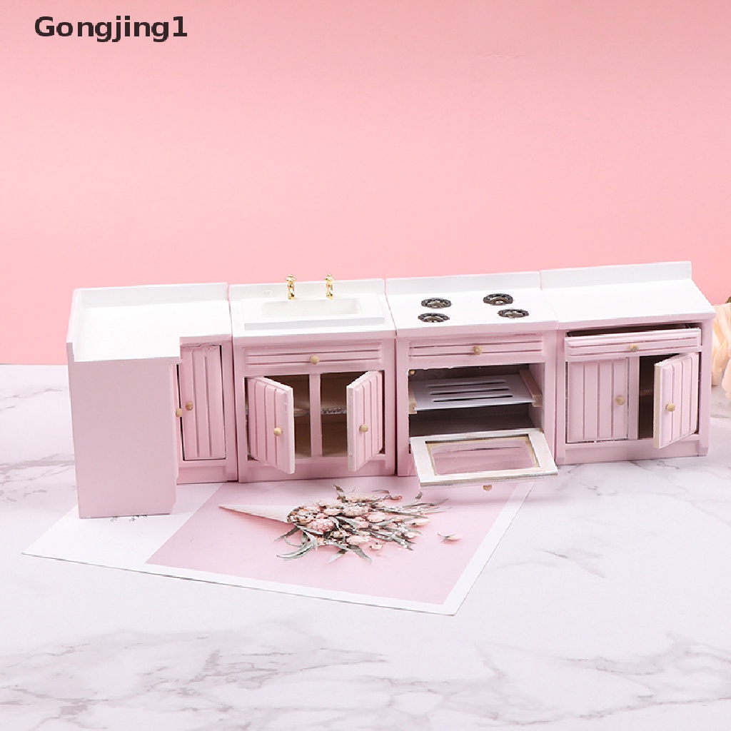 Gongjing1 Mainan Miniatur Lemari + Wastafel + Kompor + Peralatan Masak Skala 1: 12 Untuk Aksesoris Rumah Boneka