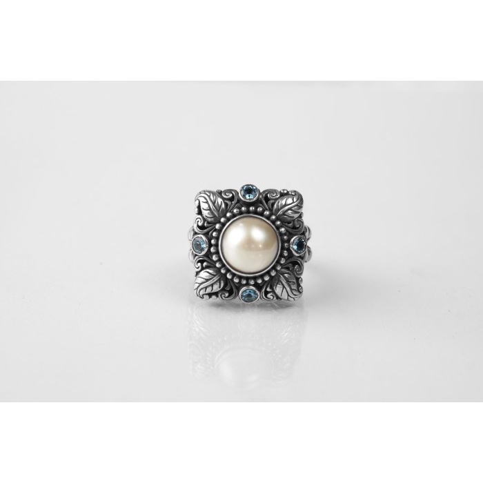 Cincin Perak Wanita Mutiara Air Tawar Pearl Blue Topaz Motif bunga
