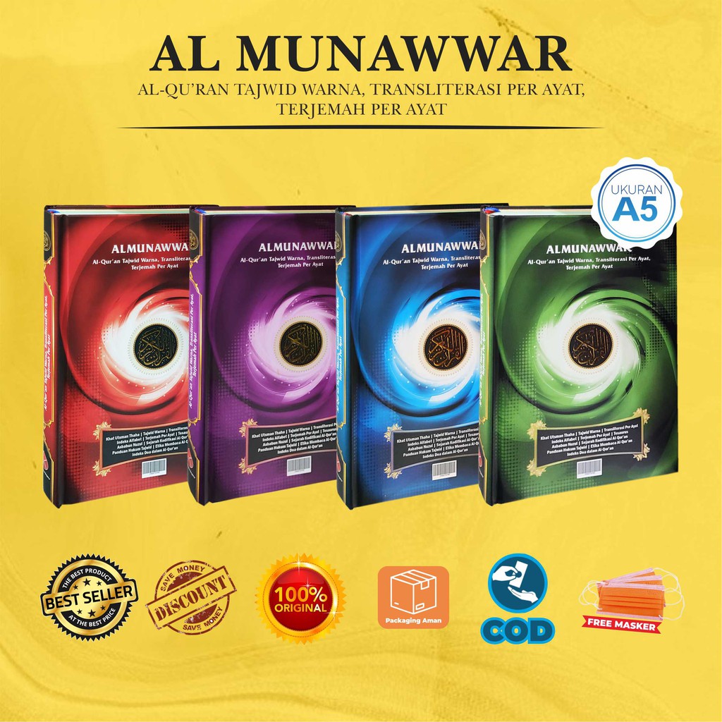 Alquran kecil ukuran A5 Al Munawwar Al quran Terjemah Tajwid  Per Kata Quran Transliterasi Warna Merah Ungu Biru Hijau