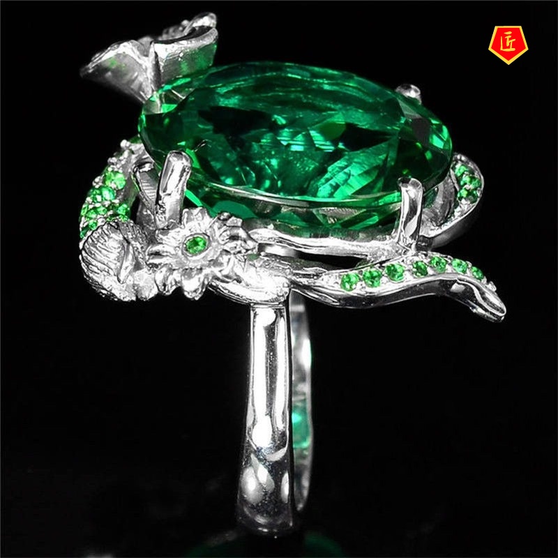 [Ready Stock]Inlaid Emerald Turtle-Shaped Ring Creative Graceful Personality