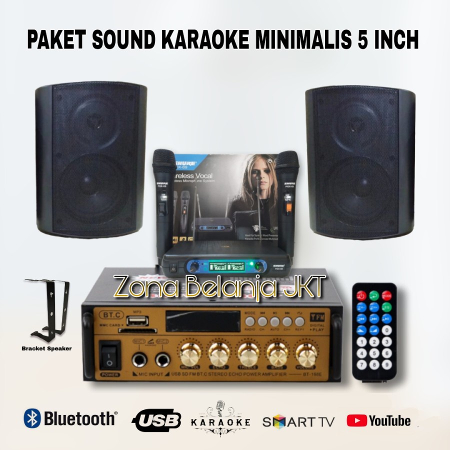 PAKET KARAOKE RUMAH MINIMALIS SOUND SYSTEM SPEAKER 5 INCH AMPLI USB BLUETOOTH MIC WIRELESS SIAP PAKAI ( HW-1 )