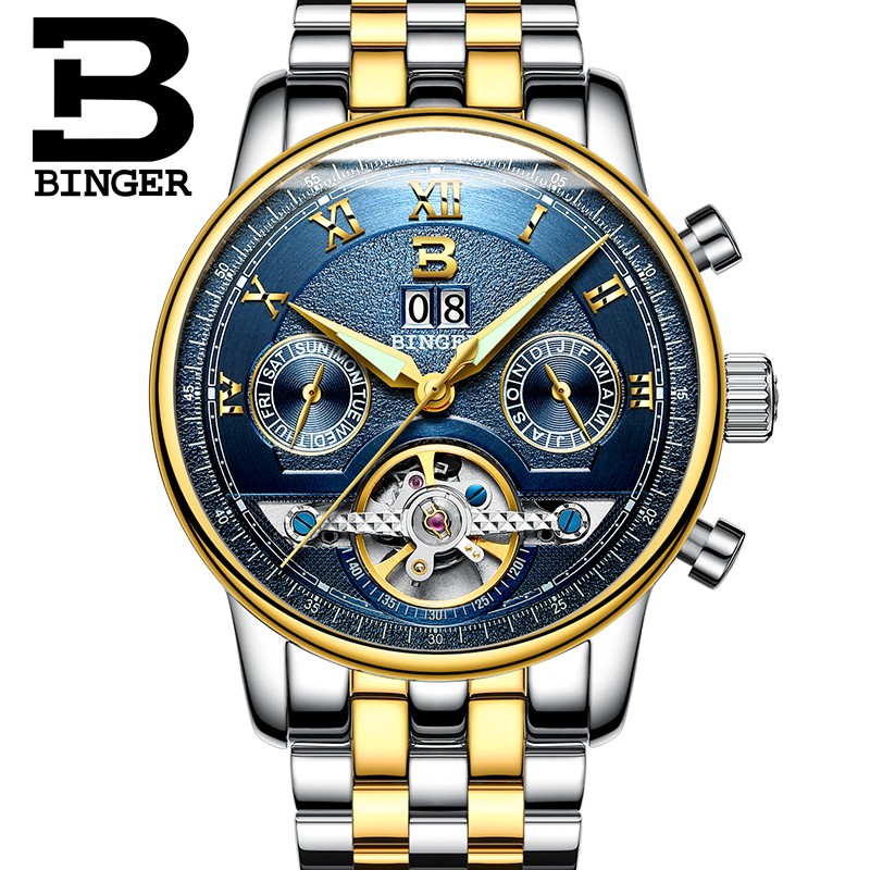 Jam tangan mekanik pria keren Switzerland BINGER men's watch luxury brand Tourbillon multiple