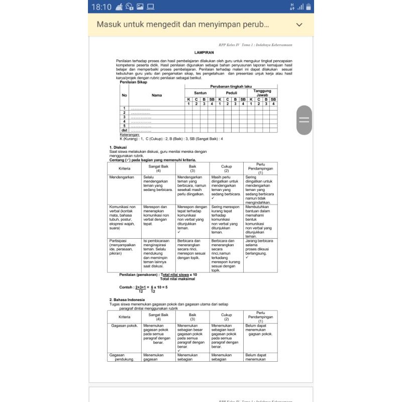 RPP 1 lembar (RPP daring da nLuring/tatapmuka) SD Tematik Kelas 4, 2Semester