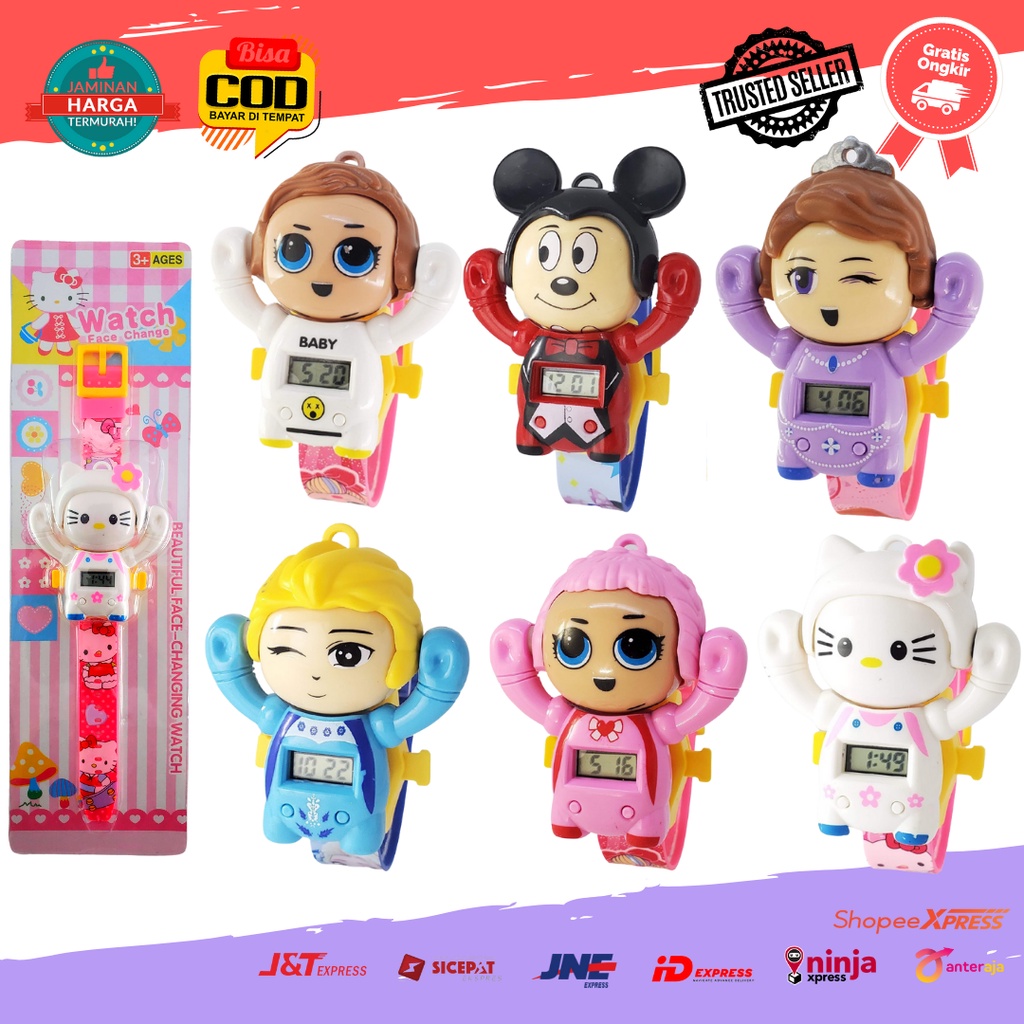 [COD] Jam Tangan Anak Cowok Strap Rubber Model Kepala Putar 3D Digital Karakter Kartun LOL Princes Elsa Frozen Hello Kitty