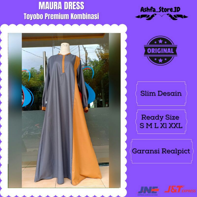 Baju Gamis Dress Wanita Katun Toyobo Premium Polos Kombinasi Terbaru Abu tua Kombinasi Gold