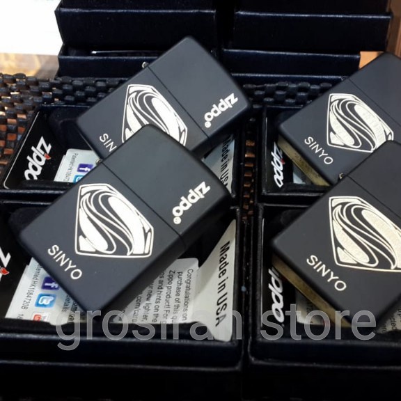 Zippo Superman custom logo ukir grafir nama kado korek hitam matte