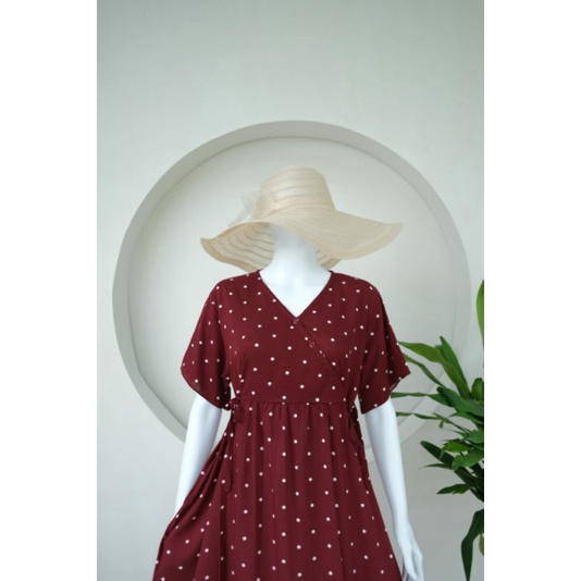 Daster kimono A line rok lebar| Daster ibu menyusui ibu hamil | nursingwear sleepwear-02 maroon polka