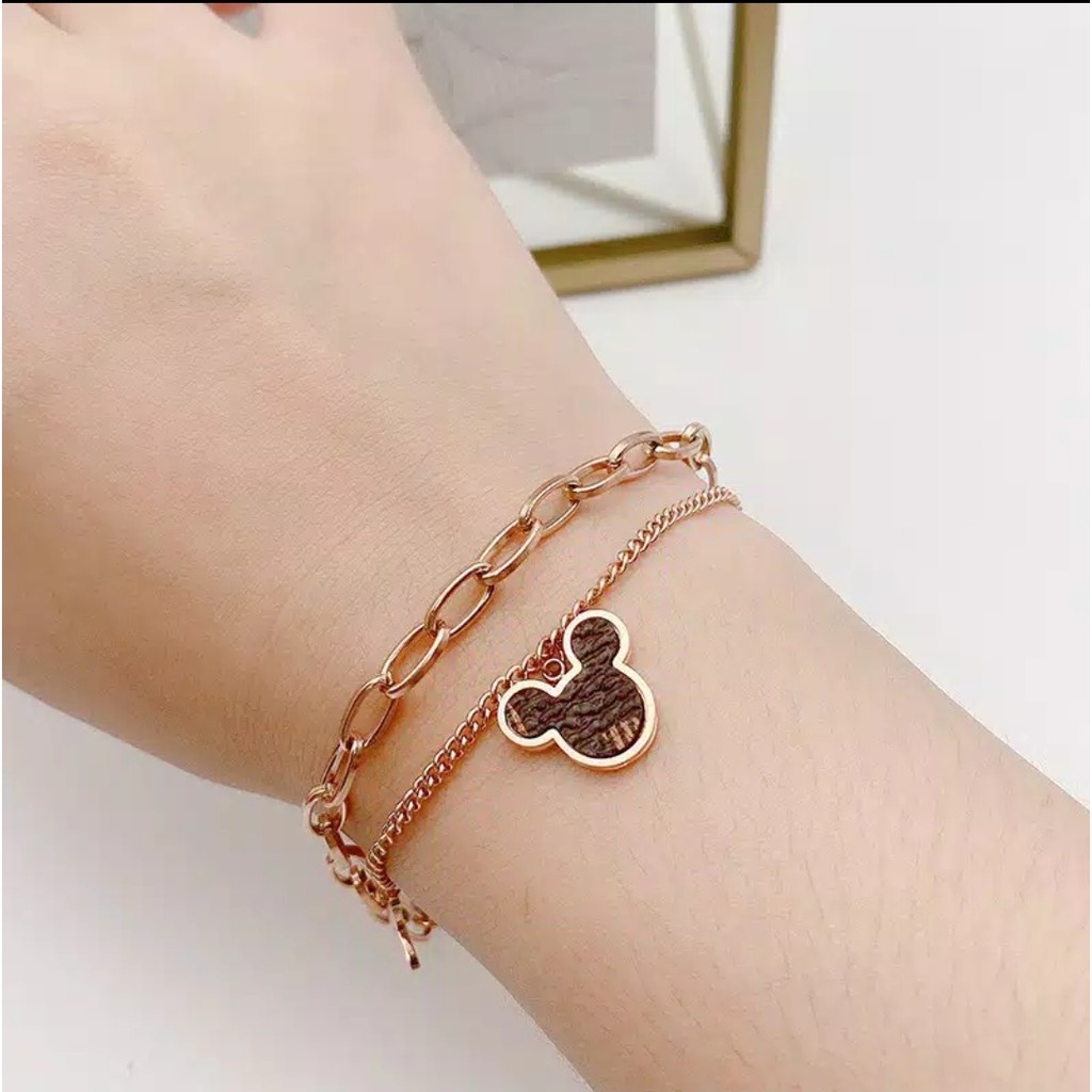 Gelang Titanium Rantai 2 Leyer Mickey L* Kulit Sintetis Warna Rose Gold, Gold dan Silver