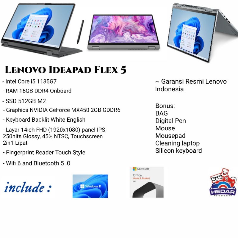 lenovo flex 5 i5 1135G7 16GB SSD 512GB Mx450 2GB W11 OHS 14 Touch FHD