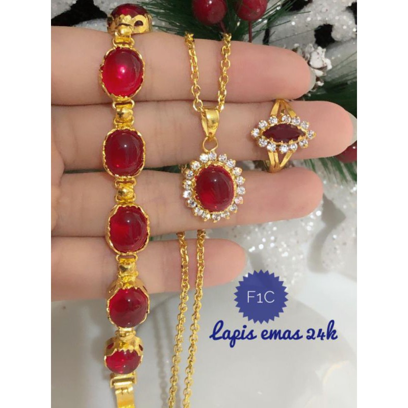 (SEP) Set Perhiasan Lapis Emas 24 Karat Xuping Gelang Cincin Kalung Batu Merah Gold Mewah Titanium