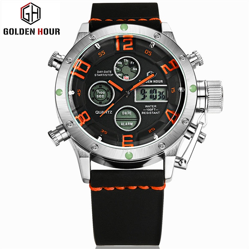 Jam Tangan Analog Digital Pria Luminous Golden Hour GH106 SILVER Fashion Kasual Sporty Tali Kulit As