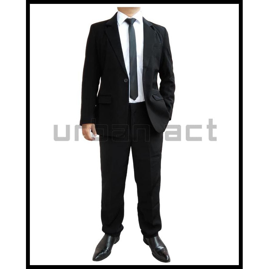 MZ0I SETELAN JAS FORMAL HITAM KANCING 1 DAN CELANA SLIM FIT HITAM URBAN ACT - HITAM, S 1UM5