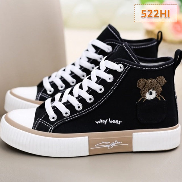 Sepatu Sneakers Wanita Kanvas Keren AS 168 Cewek Whybear High Sole 3 cm Hitam Putih (522)