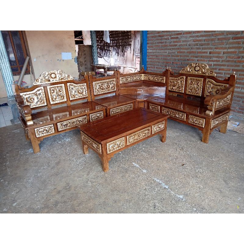 kursi tamu krawangan leter L/sudut bahan kayu jati solid