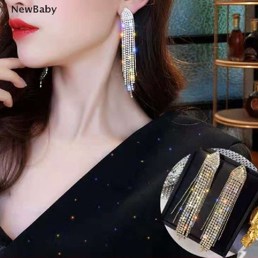 Anting Gantung Panjang Model Rumbai Berlian Imitasi Untuk Wanita