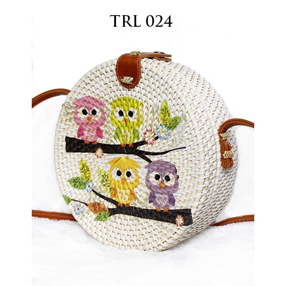 

Grosir Tas Rotan Bali Lukis Decoupage Motif Owl TRL024 Diameter 20cm