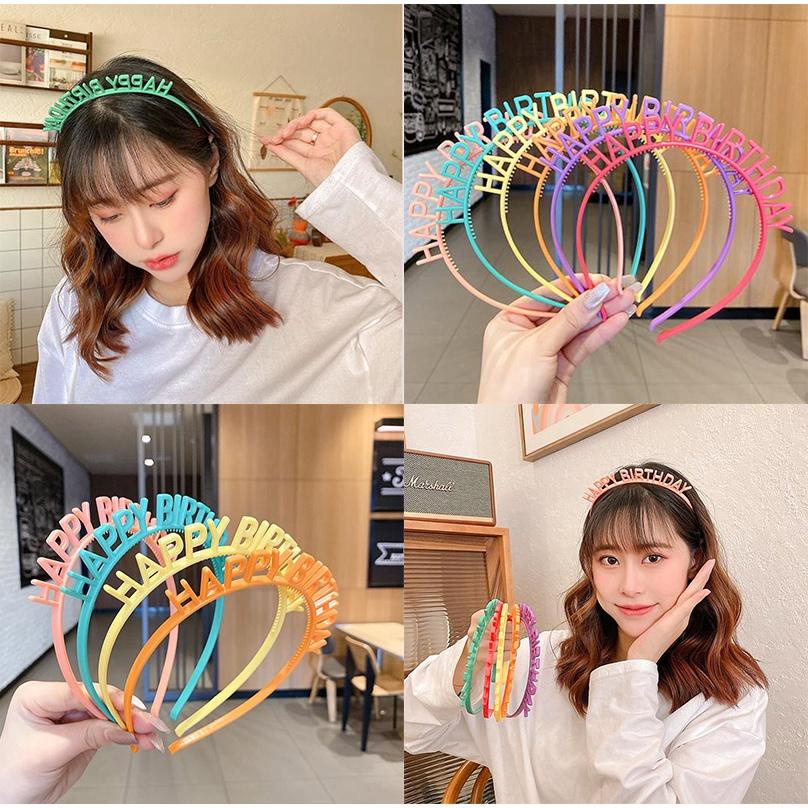 Bando Happy Birthday Warna Warni 1PC GROSIR PRAKARYA MALANG Headband Plastik Aksesoris Fashion Accessories Rambut Hias Hiasan Wanita Perempuan Cewek Perlengkapan Fashion Plastic Black Lentur Elastis Hair Ornament Kecantikan Beauty Salon Hairdo