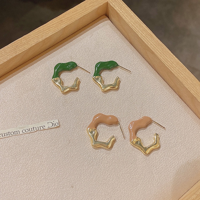 Anting Tusuk Bentuk C Geometris Warna Hijau Bahan 925 silver Gaya Retro Perancis