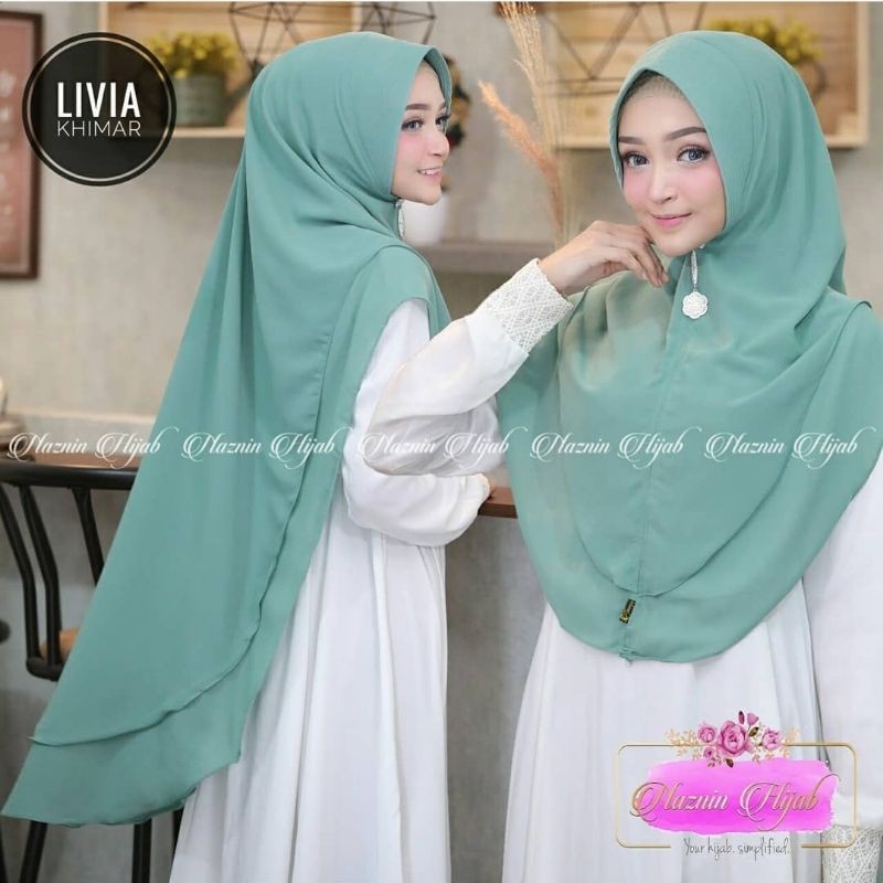 Hijab Terbaru Murah Jilbab Khimar Dua Layer Livia Khimar Ceruttti 2 Layer Hijab Instan Pet Antem