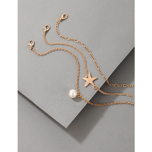 LRC Gelang Kaki Fashion Golden Star Pearl Anklet Set V81362