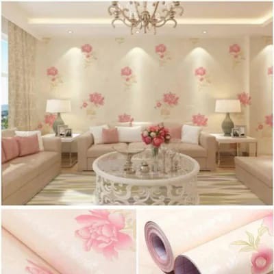 Wallpaper stiker dinding motif bunga pink dasar cream