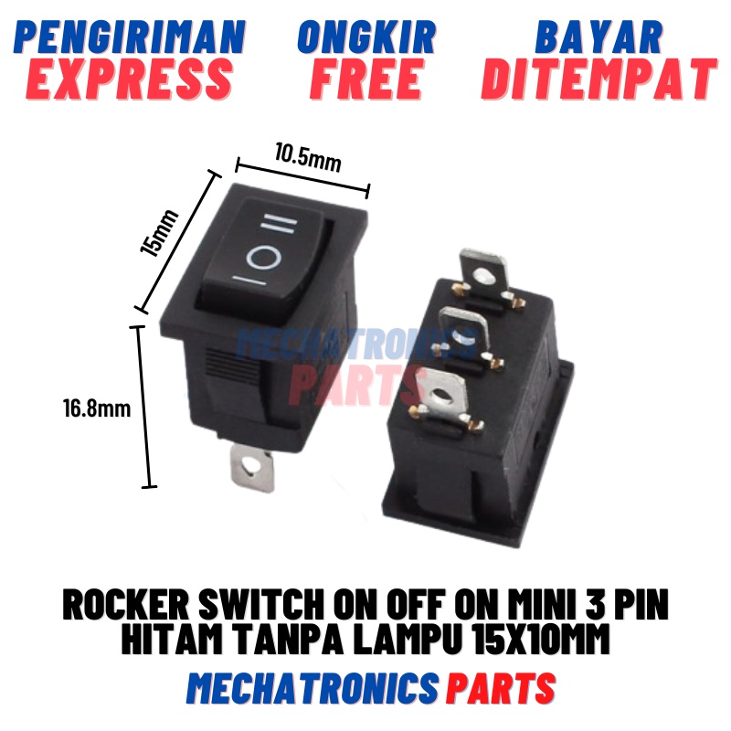 [SWI-9087] ROCKER SWITCH ON OFF ON MINI 3PIN HITAM TANPA LAMPU 15X10MM