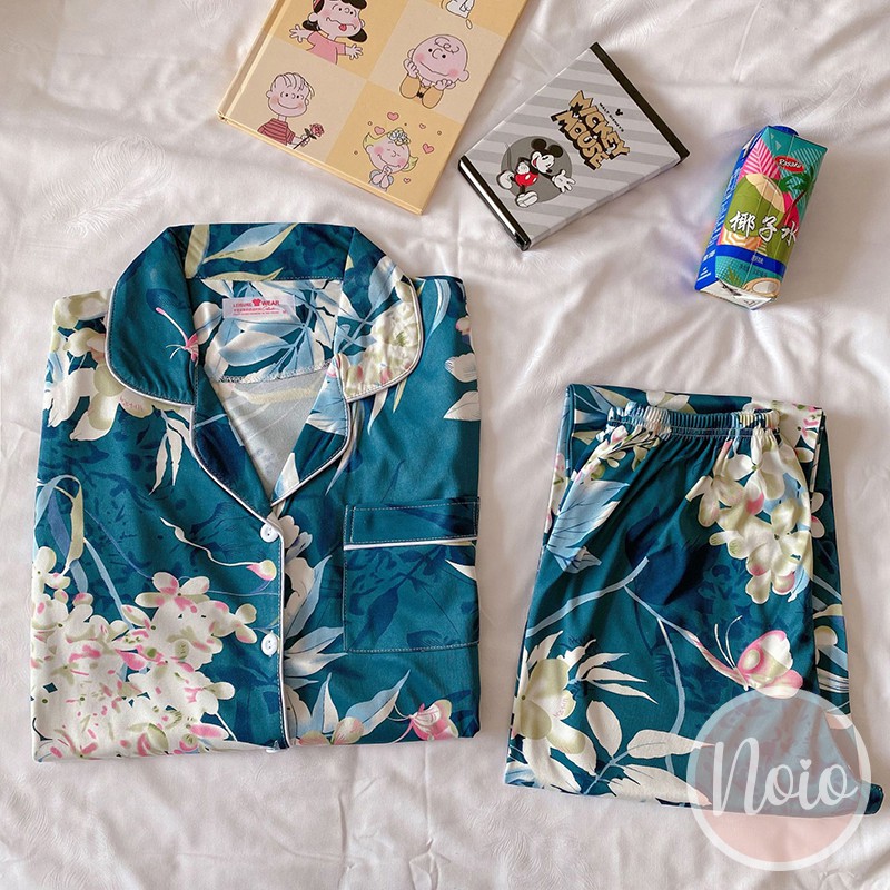 BAJU TIDUR WANITA BLOOMING FLOWER KOREA BUNGA PIYAMA WANITA DEWASA IMPORT ONE SET - LLP BLOOM-BLUE