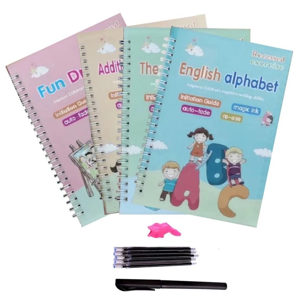 Buku Belajar 4in1 Anak PAUD Latihan Pintar Belajar Menulis Membaca 1set Ajaib Magic Practice Book FREE PEN 8pcs REUSABLE Preschool 3D