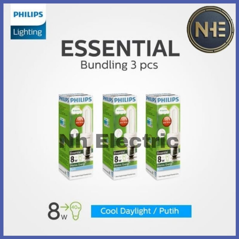 Lampu Philips Essential 8W Watt Putih CDL E27 - Esst 8 Watt Philips White 220V SNI Bundling 3 Pcs