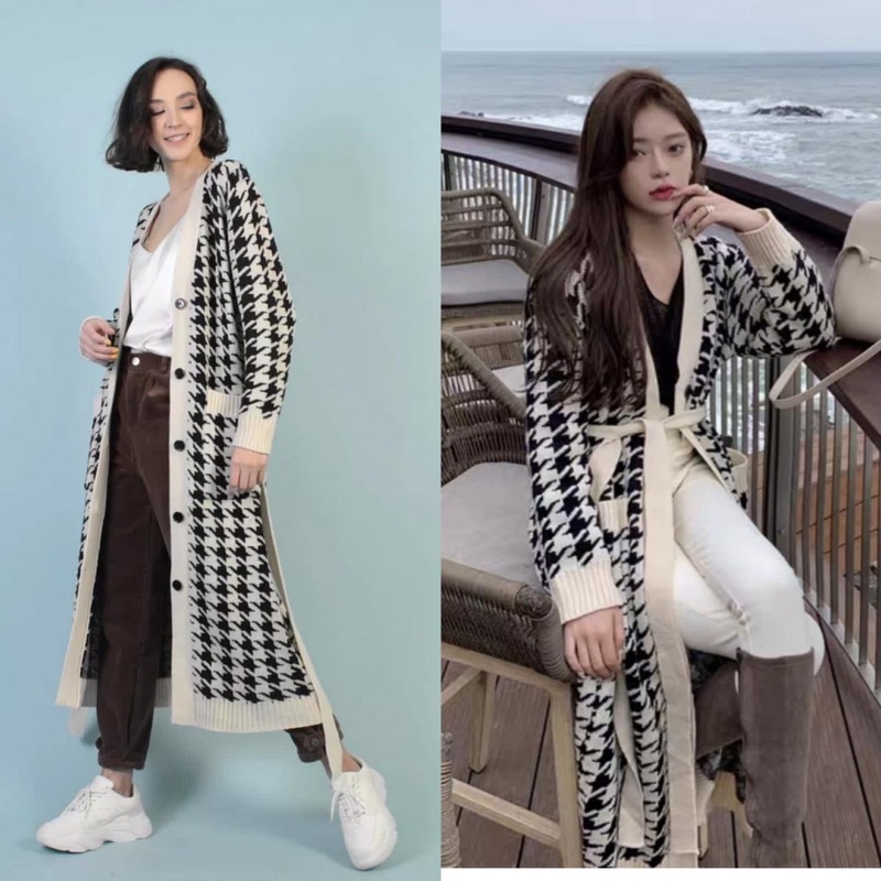 CARDIGAN LONG KNIT HOUNDSTOOTH