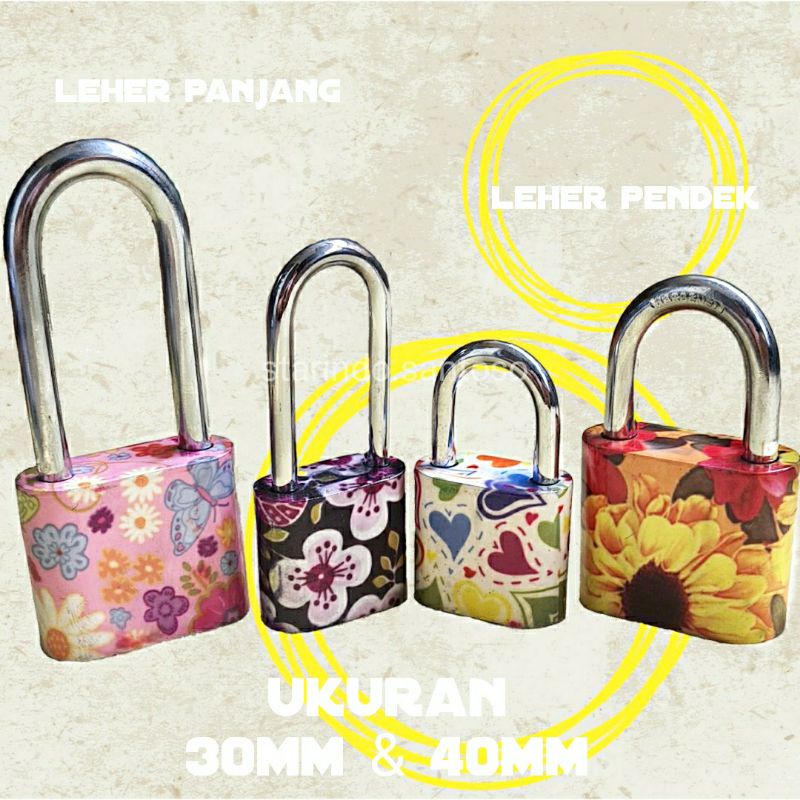 GEMBOK WARNA FANCY unik girly lucu bunga love koper loker lemari laci pintu pagar ukuran 30 40 mm leher panjang pendek