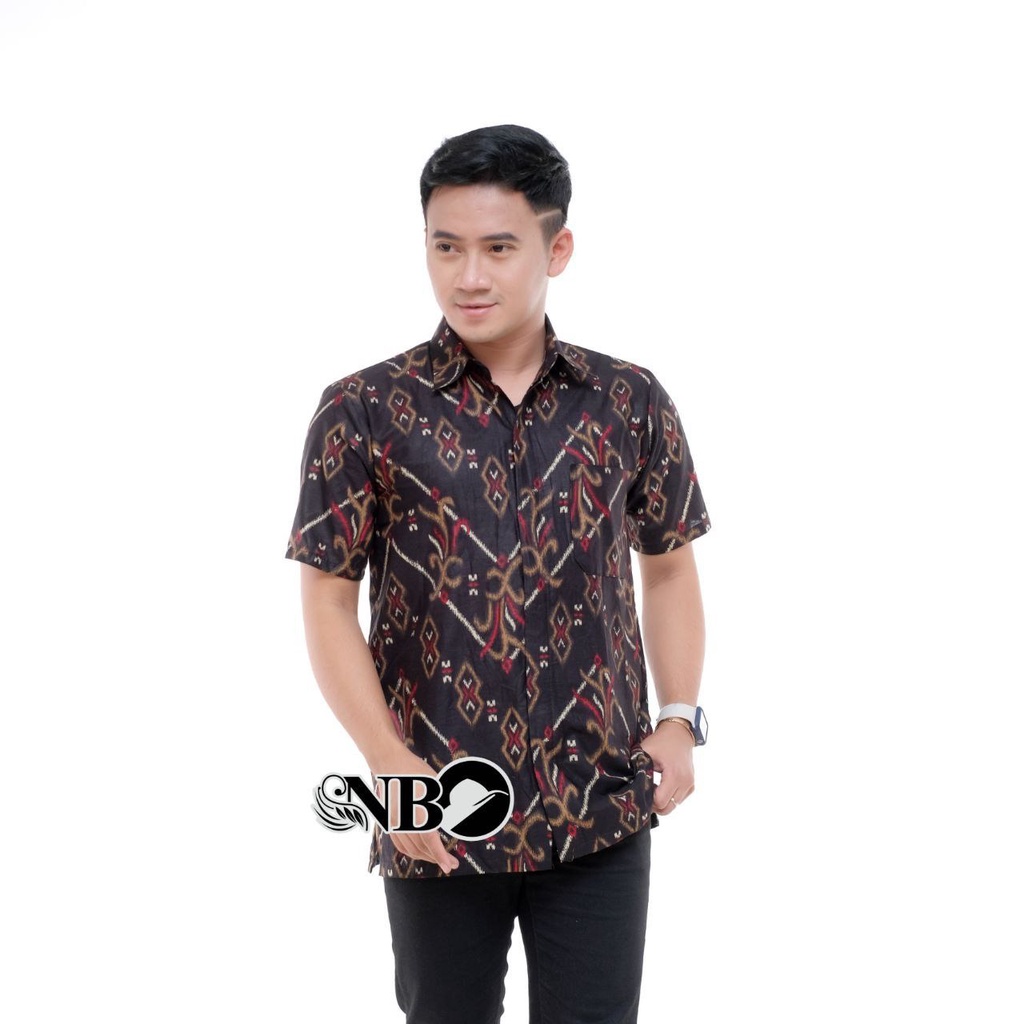 Batik Pria Lengan Pendek BATIK MURAH HRB026 motif TERBARU 2021 Kode 002 size M L XL XXL BIG SIZE 3L 4L 5L 6L Reguler Fit-Songket hitam