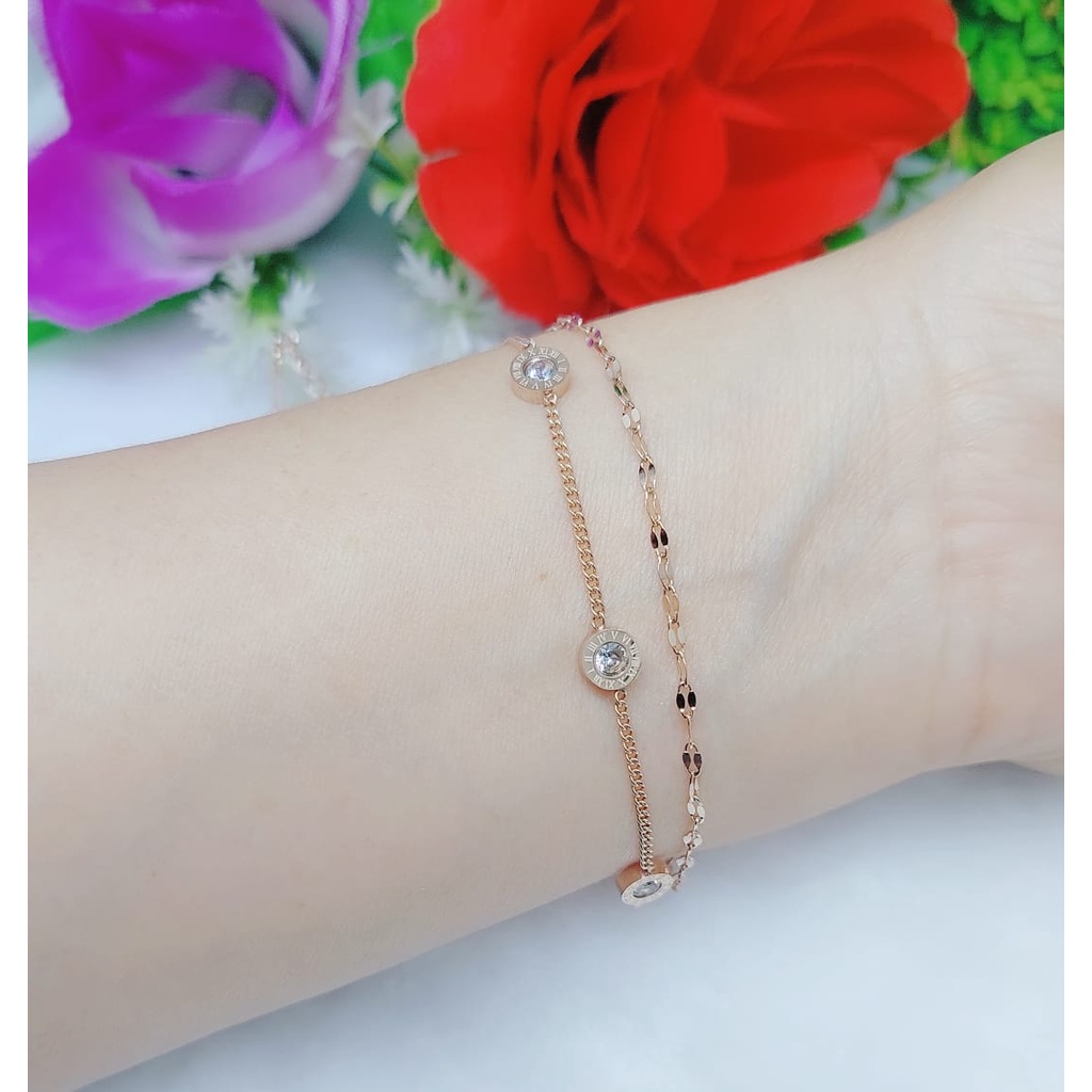 Gelang titanium double rantai permata fashion jewelry