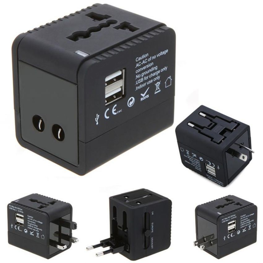 Universal Travel Adaptor Dual USB Port sambungan colokan listrik adapter charger universal luar negeri Amerika, Inggris, Eropa, Asia, Australia , China , Arab