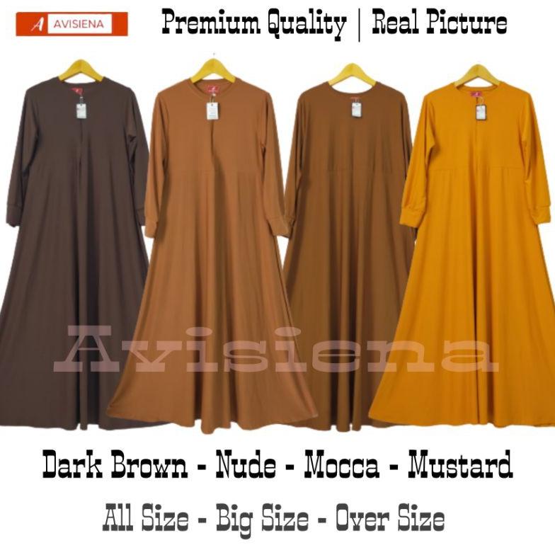 Avisiena - Premium Basic Jersey Dress Gamis Polos Jersi Warna Coklat tua, Mocca, Nude, Mustard
