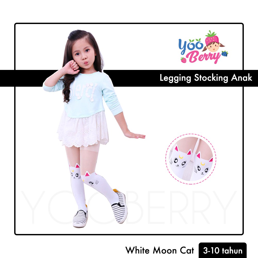 YooBerry Kids Pantyhose Stocking Legging Anak Perempuan White Moon Cat Berry Mart