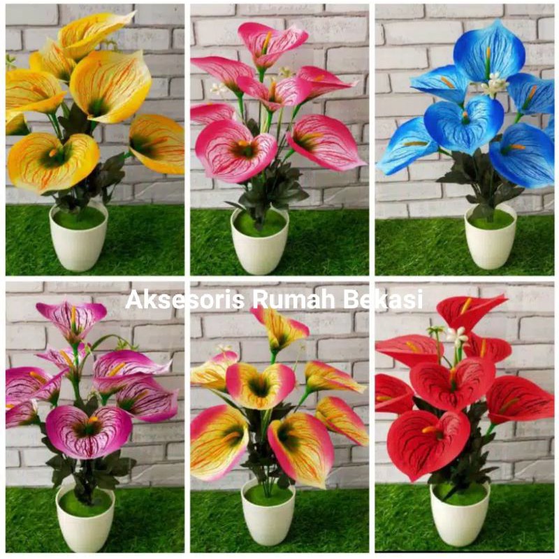 Set bunga plastik anthurium/bunga lilly/bunga Aron panda dengan pot lumut melamin bulat