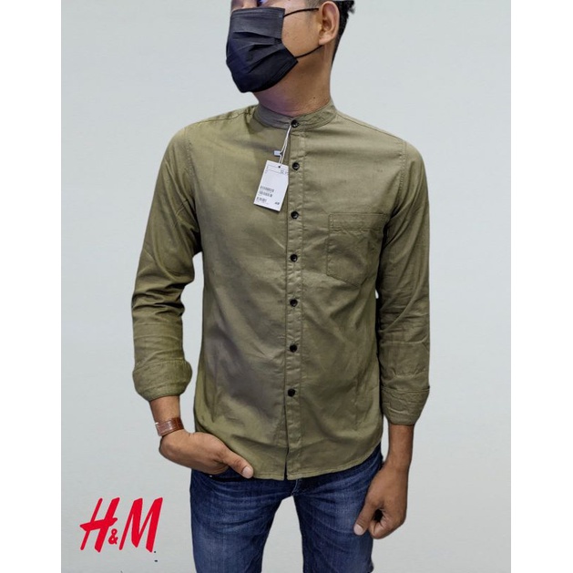 Kemeja Pria Shanghai HM Polos Katun Twill Panjang Army