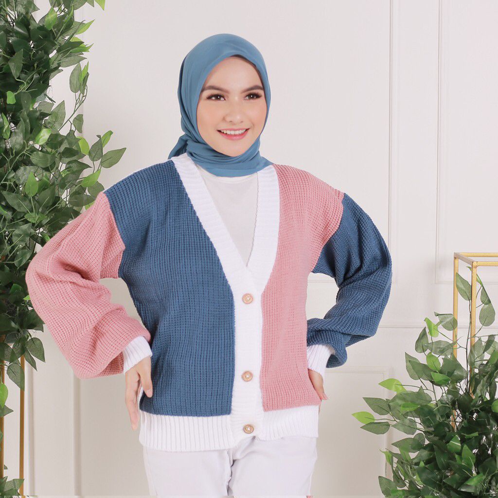 Helena Cardigan Knit Cardigan Rajut Twist Outer Knit Mix Warna-Denim
