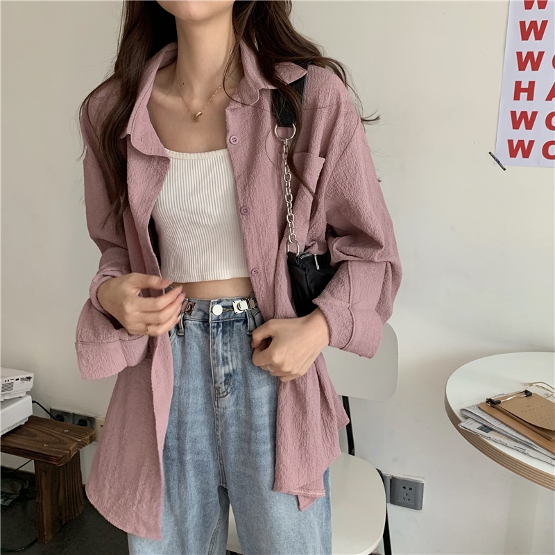 Kemeja lengan panjang kasual oversize warna solid wanita Korea style atasan